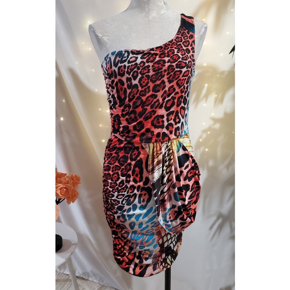 Lumi USA Vtg Y2K Slinky Stretch One Shoulder Leopard Print Bodycon Dress Size L
